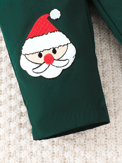 3PCS，Baby Christmas set: Plaid long sleeve Jumpsuit with detachable bow tie+Santa decorative Suspenders，Casual comfort.