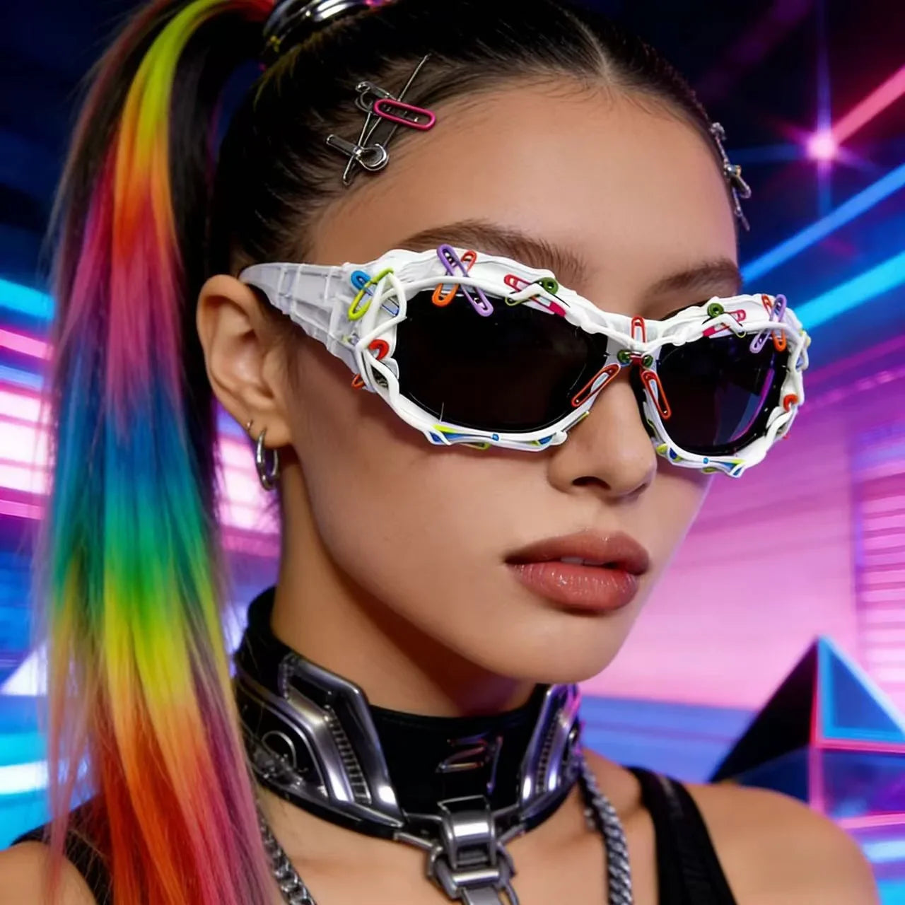 y2k Colorful Safety Pin Sunglasses for Women Punk Cyber Streetwear Party Avant-garde Funny Shades UV400 lunette soleil femme