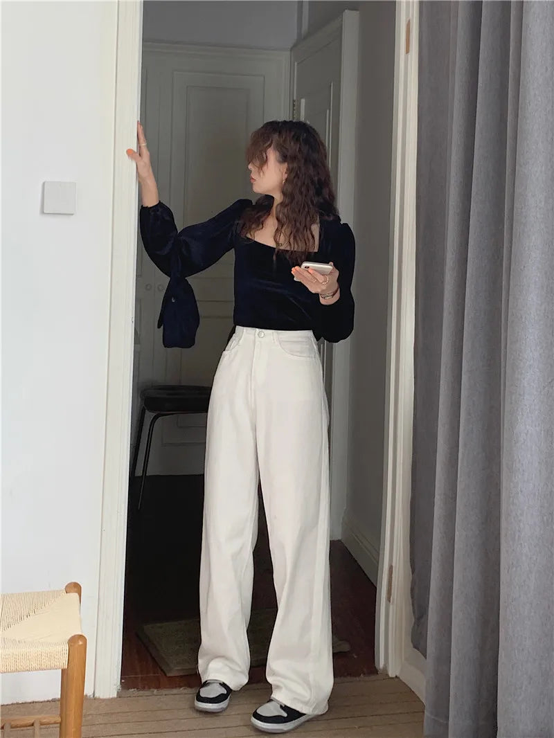 Korean Sle Simple Pure Color Wide Leg Jeans Pants for Women Summer Season Fall Collection Faion Ladies Premium Denim