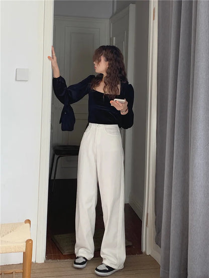 Korean Sle Simple Pure Color Wide Leg Jeans Pants for Women Summer Season Fall Collection Faion Ladies Premium Denim