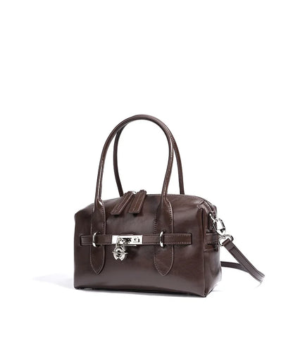 2025 Fall Winter New Top Grain Leather Spacious Boston Bag Lock Design Single Shoulder Crossbody Pack Women Commuting Handbag
