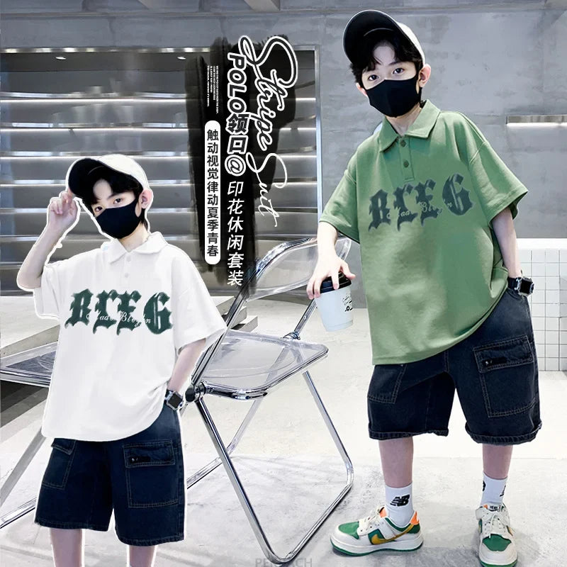 Korean Kids Boy Suit Summer Set Fashion Teenager Child Clothes Set Cotton Polo Shirt + Shorts 2pcs Outfits Tracksuit Costume