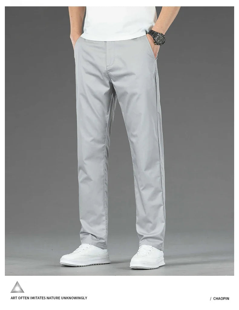 Spring Summer New Men's Casual Pants Thin Mulberry Silk Soft Business Casual Trousers Slim Straight Elastic Suit Pants Male