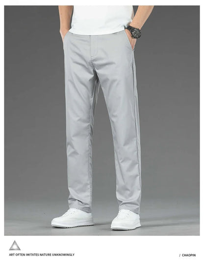 Spring Summer New Men's Casual Pants Thin Mulberry Silk Soft Business Casual Trousers Slim Straight Elastic Suit Pants Male