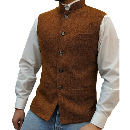 Suit Vest Men Vintage Slim Solid Stand Collar Vest Tops Male Business Casual Sleeveless Jackets Man Wedding Waistcoat