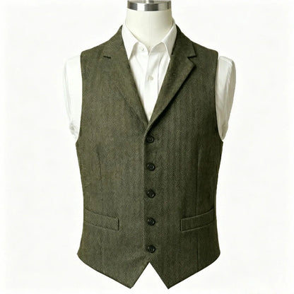 Men Vest Army Green Herringbone Single Button With Lapel Waistcoat For Wedding Business Office Work Daily Casual Men Suit Vest