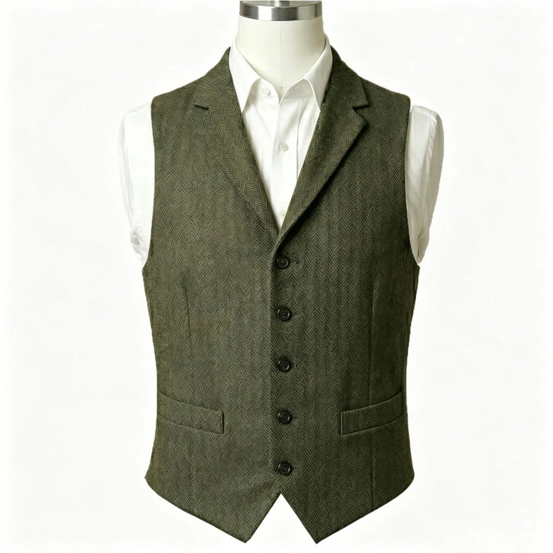 Men Vest Army Green Herringbone Single Button With Lapel Waistcoat For Wedding Business Office Work Daily Casual Men Suit Vest