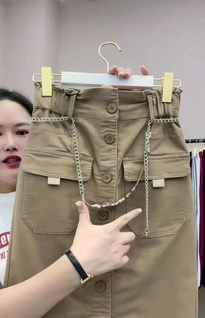 2026 Spring Summer New Women's High Waist Slim Skirts Female Fashion Buttons A-line Skirts Ladies Solid Color Casual Skirts