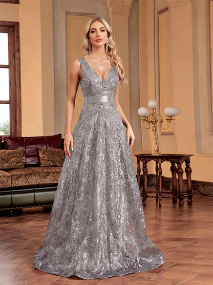 Luxury Sexy V-Neck Sequins Formal Evening Dress Long 2025 Women Elegant V-back Wedding Party Long Prom Cocktail Graduation Gown
