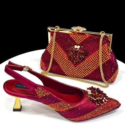 Italian Shoes and Bags Matching Set 2024 Silver Color Rhinestone Fashion High Heels for Women Pointed Toe Pumps