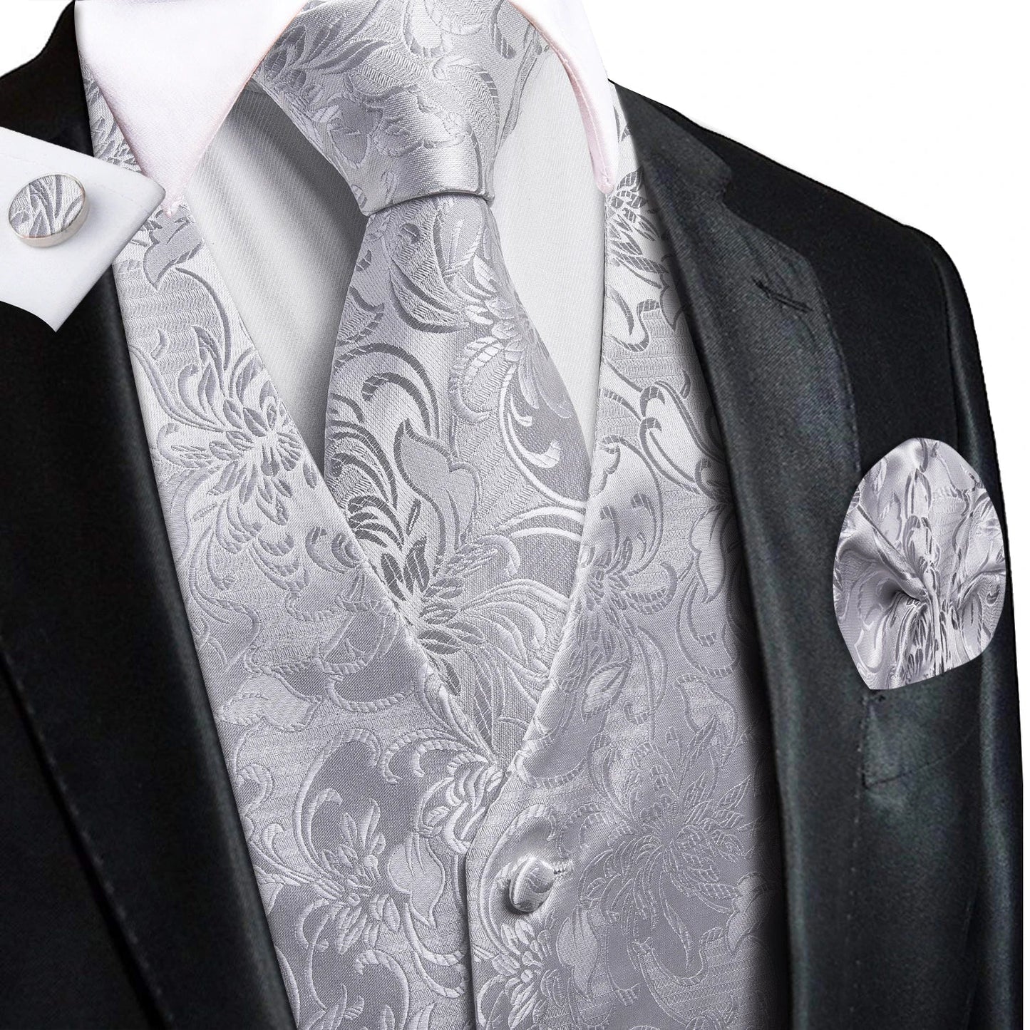 Men's Floral Vest & Tie Hanky Cufflinks Set – Formal Biege Grey White Waistcoat for Weddings Events Party Gift