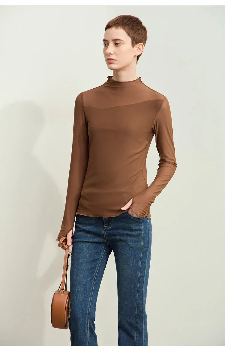 Minimalism Mesh T-shirts For Women 2025 Autumn New Office Lady Half-high Neck Micro Perspective Slim Retro Shirt 12423055