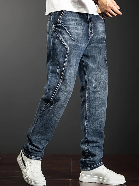 Men's New Straight Leg Stretchable Jeans Casual Pants with Personality Design Comfortable Fit Modern Style