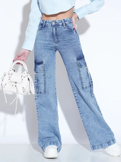 Women's Cargo Jeans with Multiple Pockets - Stylish and Practical Work Denim Pants for Everyday Comfort and Functionality