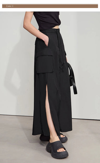 Vacation Long Skirt 2025 Summer Women Loose Sun Protection Office Lady Solid Pockets Elastic Waist Cord Slit Skirt 12542106