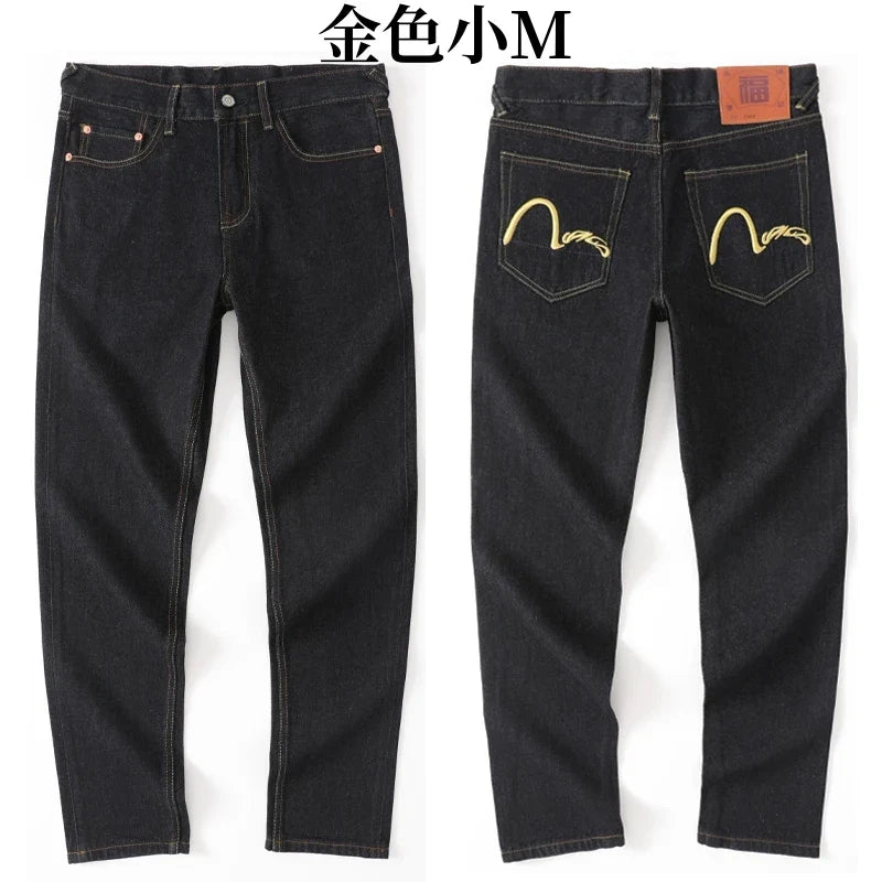 Japanese Handmade Embroidered Jeans Men's Pure Cotton Straight Tube Hip-Hop Popular Slim Red Ears Show Thin Trousers Devil