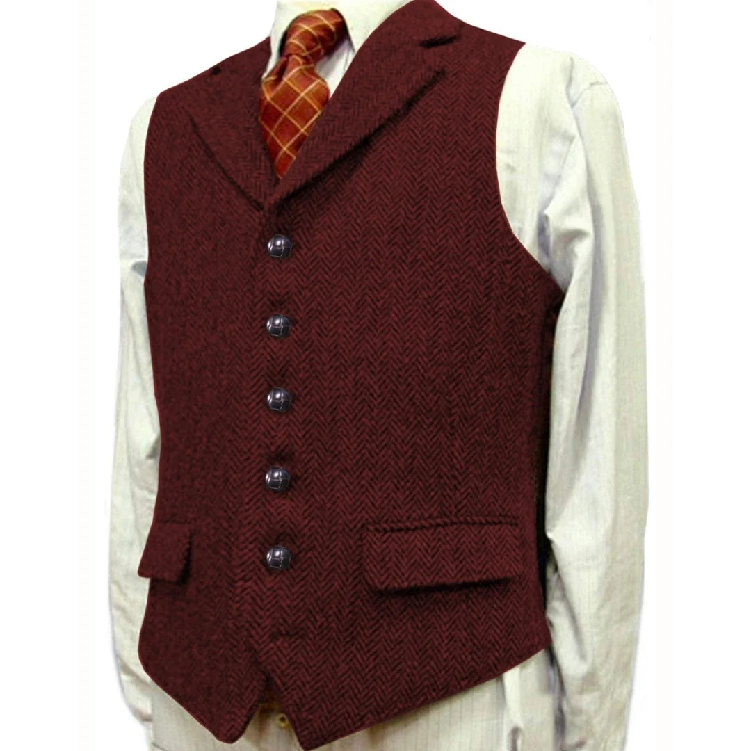 Men Vest Brown With Lapel Boutique Herringbone Single Button Fit Waistcoat Casual Formal Business Wedding Daily Men Suit Vest