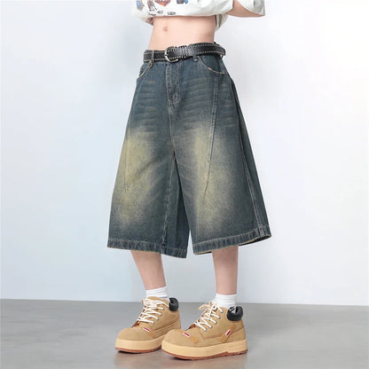 Vintage Washed Gradient Denim Mid-Rise Shorts with Streetwear Loose Wide Leg Fit for Summer Breathability