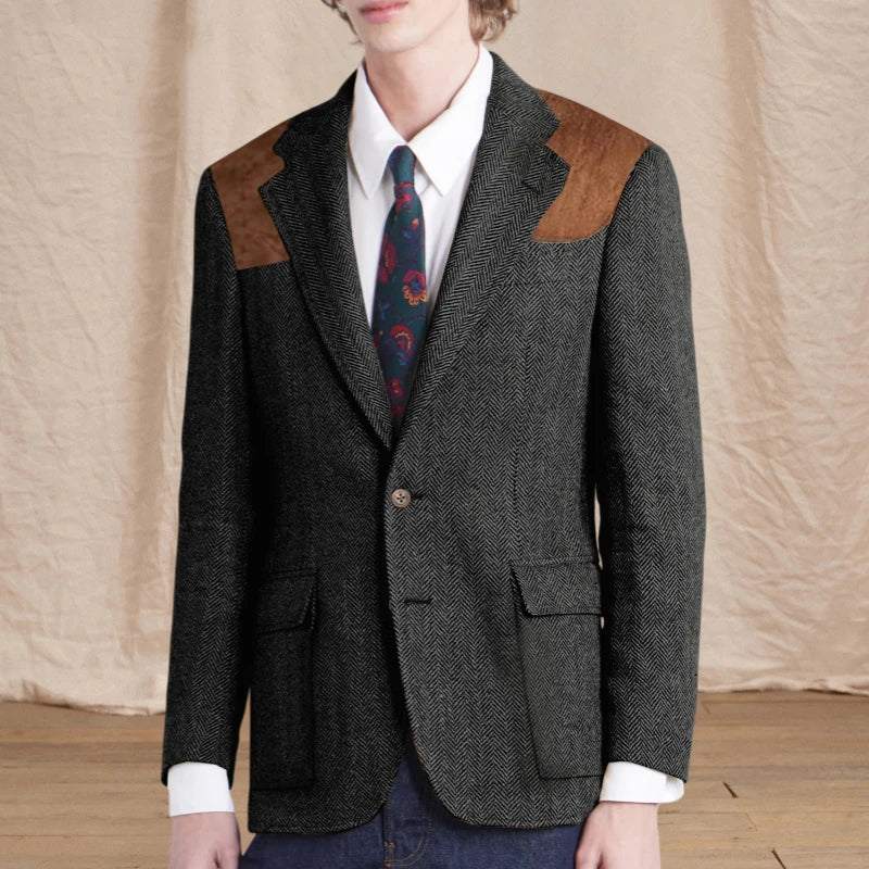 Vintage Men's Herringbone Tweed Blazer Suede Shoulder Patch Notch Lapel Slim Fit Jacket Casual Business Suit Sport Coat for Men