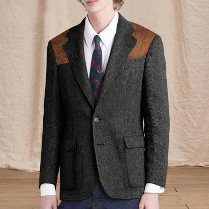 Vintage Men's Herringbone Tweed Blazer Suede Shoulder Patch Notch Lapel Slim Fit Jacket Casual Business Suit Sport Coat for Men
