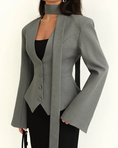 Single Breasted Coat Women's V Neck Scarf With Long Sleeve Waist-Cinching Blazer Jacket Lady Casual Slim Commute Coat
