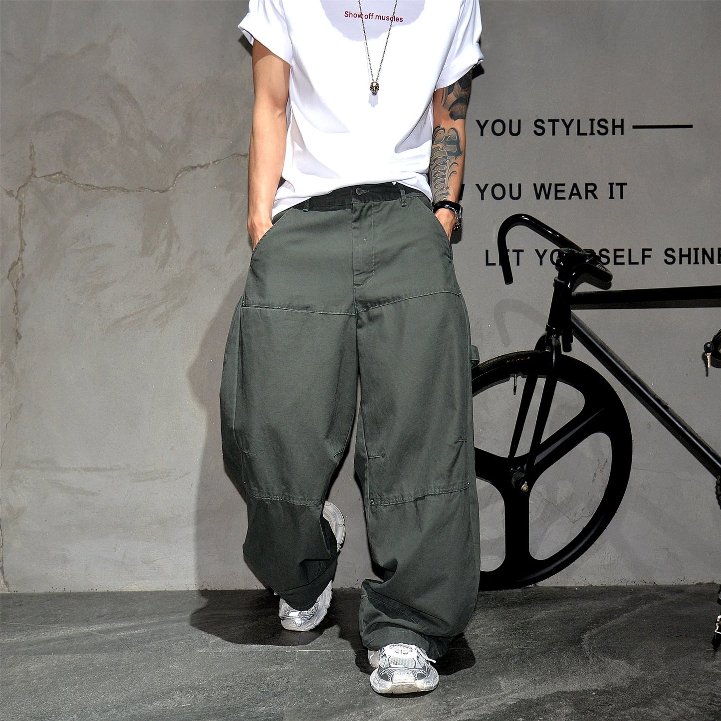 Mens Cargo Pants American Trendy Solid Black Cotton Heavyweight Wide Leg Loose Straight Streetwear Casual High Quality Pants