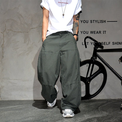 Mens Cargo Pants American Trendy Solid Black Cotton Heavyweight Wide Leg Loose Straight Streetwear Casual High Quality Pants