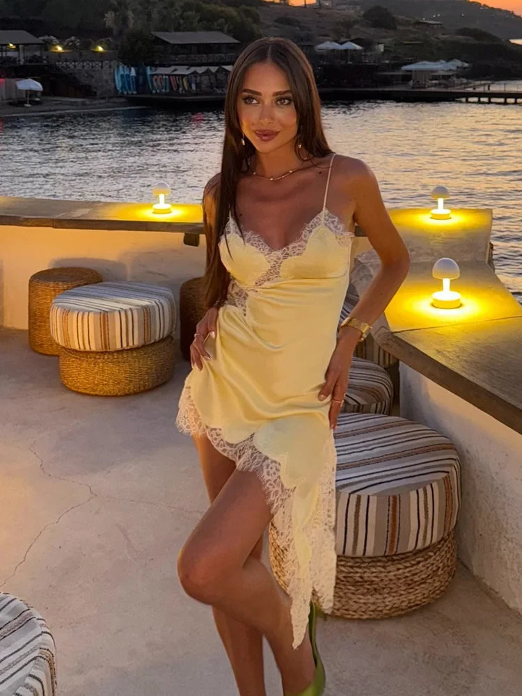 Woman Summer Sexy Sleeveless Backless Chic Beach Party Dress Women's Elegant Asymmetry Lace Decorate Slim Sling Dress