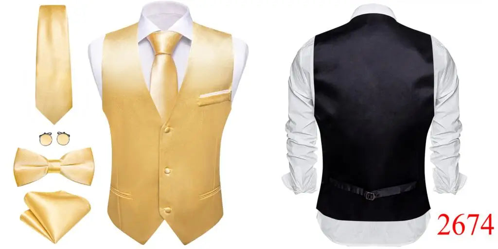 Elegant Silk Vest for Men Wedding Solid Gold Green Pink Purple Red Waistcoat Tie Bowtie Set Sleeveless Jacket Suit Barry Wang