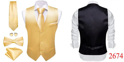 Elegant Silk Vest for Men Wedding Solid Gold Green Pink Purple Red Waistcoat Tie Bowtie Set Sleeveless Jacket Suit Barry Wang