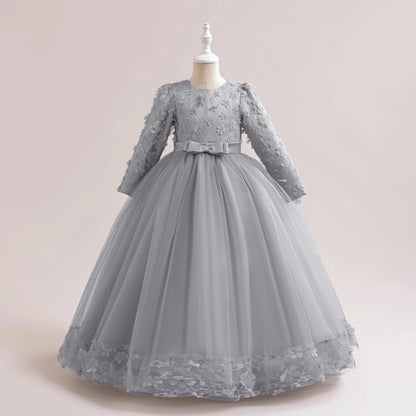 Long Sleeve Flower Bridesmaid Girls Dress Children Christmas Costume Lace Bow Princess Kids Dressees For Girl Party Wedding Gown
