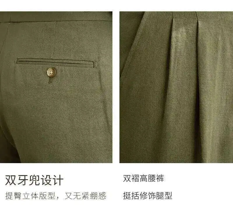 Linen Cotton High Waist Straight Casual Pants Men Versatile Naples Gentleman Pleated Pants High Quality Italian Dress Trousers