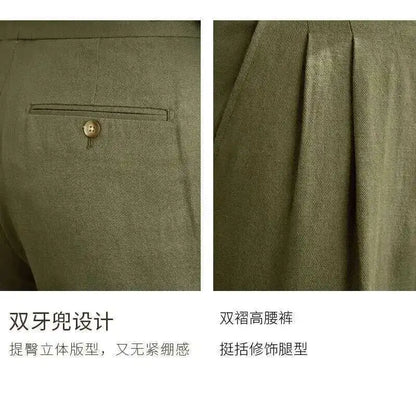 Linen Cotton High Waist Straight Casual Pants Men Versatile Naples Gentleman Pleated Pants High Quality Italian Dress Trousers