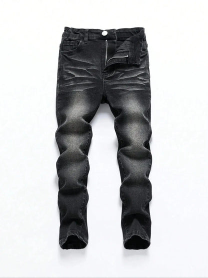 1-Piece Men's All-Season Snowflake Washed Fashion Jeans, Stretchy Slim-Fit Light Gray and Dark Black Casual Denim Pants, Minimalist Fashion, Suitable for Everyday Wear
