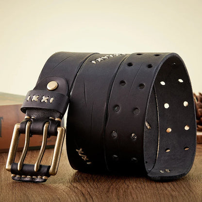 3.8CM Real Genuine Leather Belt Luxury Designer Brass Double Pin Buckle Belts Pure Cowskin Vintage Strap Male Jeans Belt for Men