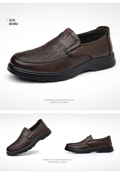 Men's Summer Breathable Leather Loafers Brown Hollow Out Slip-On Shoes Male Thick Sole Comfortable Non-slip Work Shoes for Man