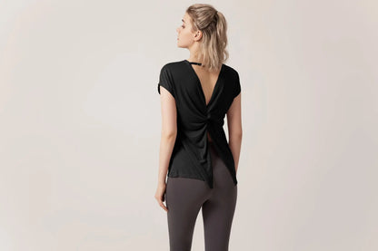 Women's Split Side Yoga Top Sexy Open Back Fitness T-shirt Loose Fit Workout Tee Running Sports Cover Gym Wear Woman Clothing