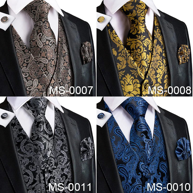 Adult Men's Vest for Suit Luxury Paisley Floral Plaid Suit Vest and Tie Set Blue Gold Red Sliver Wedding Vest Men