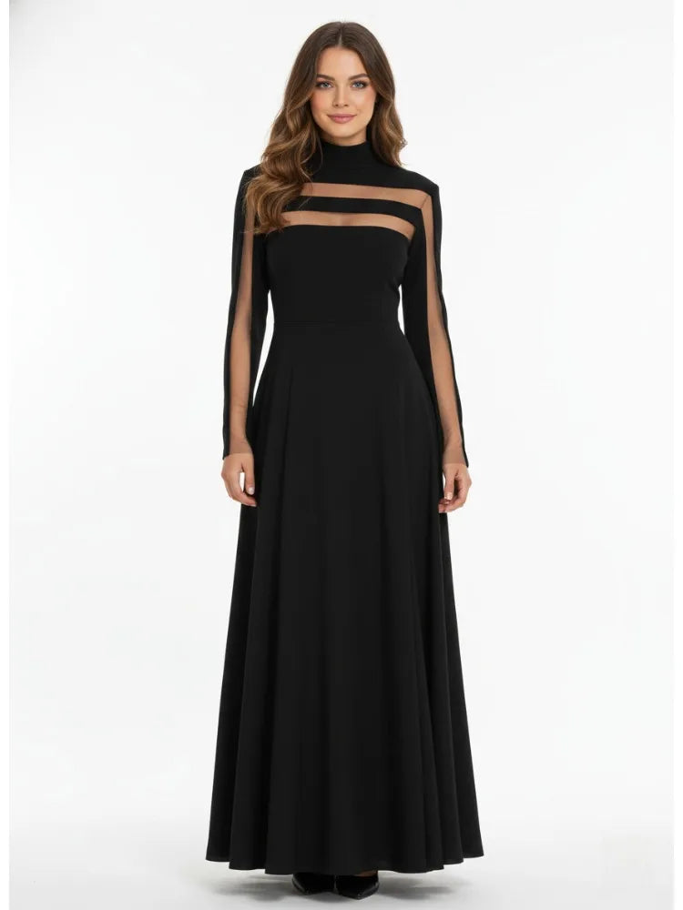 Freeacy Women's Black High Neck Long Sleeve High Waist Flared Maxi Gown See-through High-End Evening Dresses 2026 Party Dress