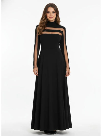 Freeacy Women's Black High Neck Long Sleeve High Waist Flared Maxi Gown See-through High-End Evening Dresses 2026 Party Dress