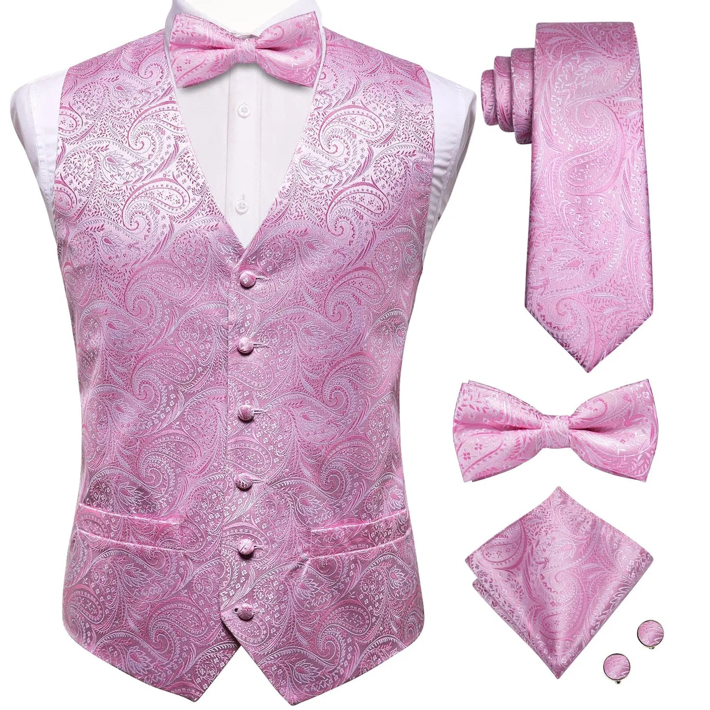 Luxury Silk Mens Vests Rose Gold Pink Striped Waistcoat Necktie Bowtie Hanky Cufflinks Set Waist Jacket For Men Wedding