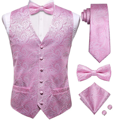 Luxury Silk Mens Vests Rose Gold Pink Striped Waistcoat Necktie Bowtie Hanky Cufflinks Set Waist Jacket For Men Wedding