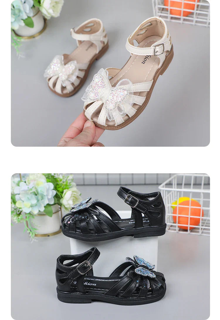 Shine Children Sandals for Girls Butterfly Cute Designer Kids Shoes Peep-toe Korean Style 2023 Summer New Soft Breatheable Chic