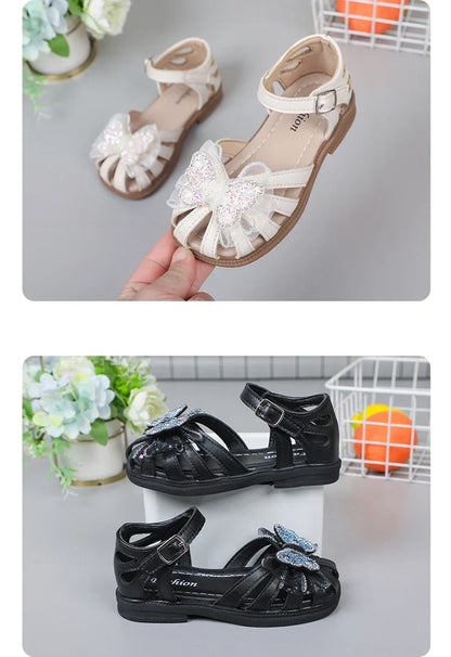 Shine Children Sandals for Girls Butterfly Cute Designer Kids Shoes Peep-toe Korean Style 2023 Summer New Soft Breatheable Chic