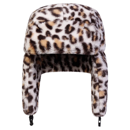Unisex Plush Leopard Print Lei Feng Hat Winter Earflap Hat Keep Warm Ski Hat Bomber Hat for Outdoor Riding Snow Activities