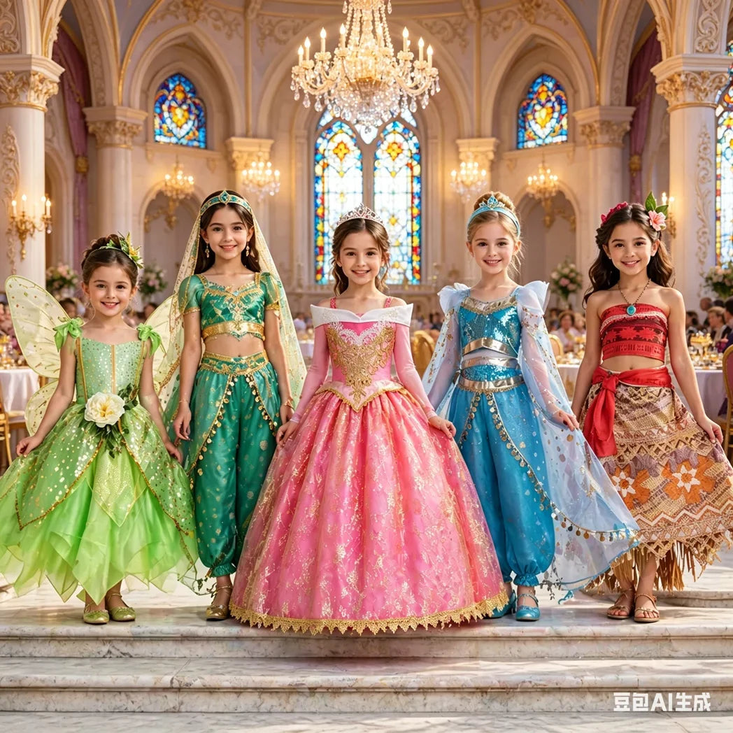 Elsa Anna Snow White Moana Rapunzel Ariel Belle Princess Dress for Girls Cosplay Carnival Birthday Party Outfit Kids 2-8Y