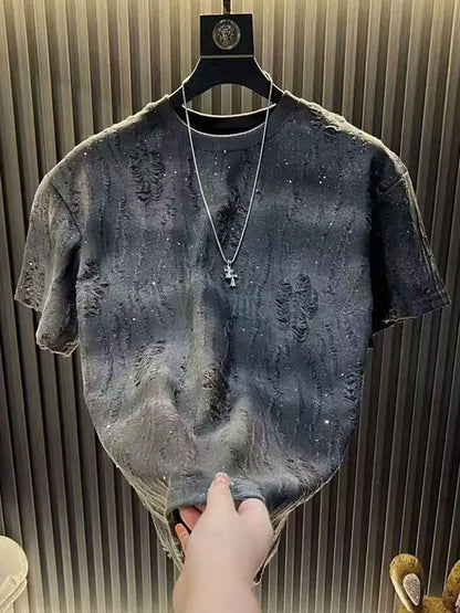 2025 Hot New Summer Men's Short-sleeved Trendy Luxury Distressed Round-neck Half-sleeve T-shirt Top