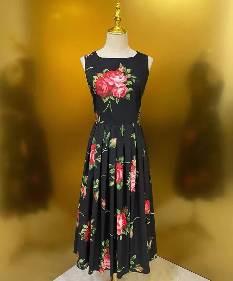 2026 Spring Women's New Fashion Round Neck Sleeveless Cotton Printed Tie a belt Waist cinching Dress