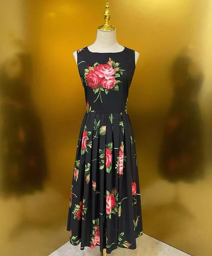 2026 Spring Women's New Fashion Round Neck Sleeveless Cotton Printed Tie a belt Waist cinching Dress