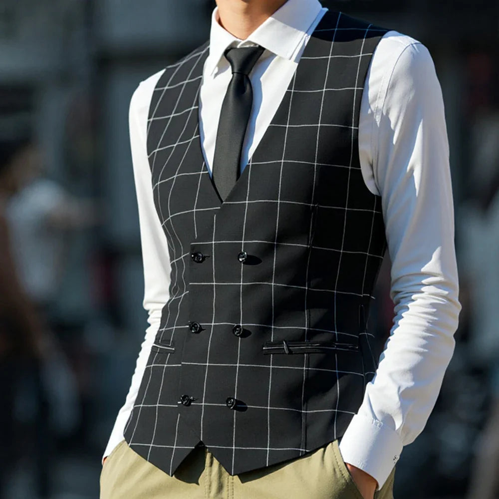 Men's Business Vest Boutique  Plaid Double-breasted Cotton Suit Vest Waistcoat For Wedding Formal Vest Groomsmen Wedding